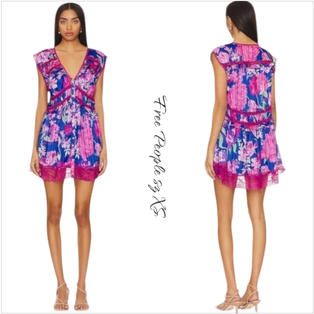 Free People Woman's Dress Spring Fling V- Neck Sheer Chiffon Floral Mini